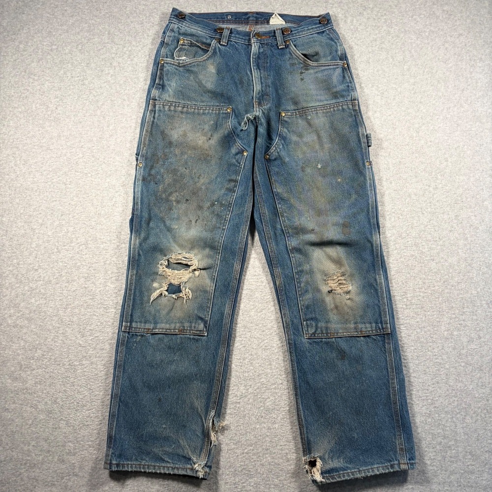 Key Double Front Logger Jeans Mens 32x30 (Fits 30x29) Blue Distressed Workwear